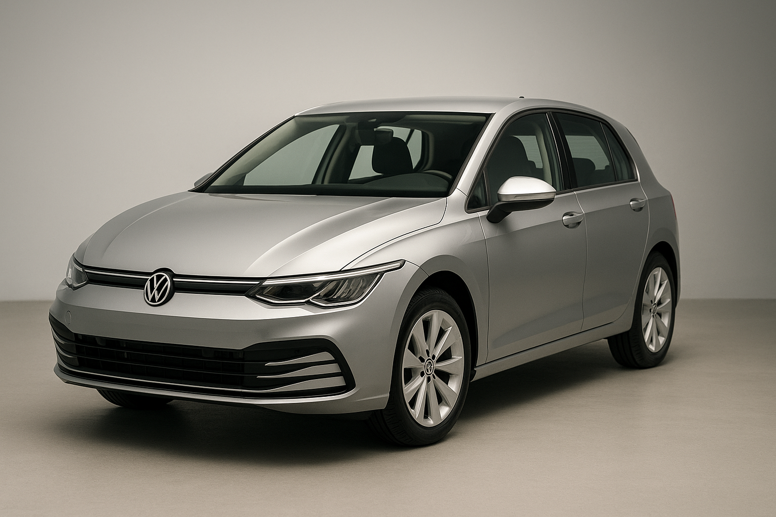 photo 3/4 avant du Volkswagen Golf 8 1.5 TSI sur fond neutre, éclairage studio, rendu net