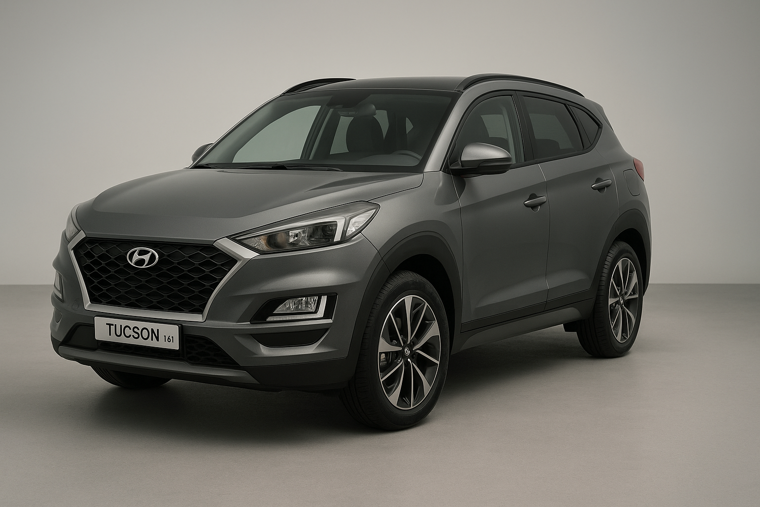 photo 3/4 avant du Hyundai Tucson 1.6 T-GDi sur fond neutre, éclairage studio, rendu net