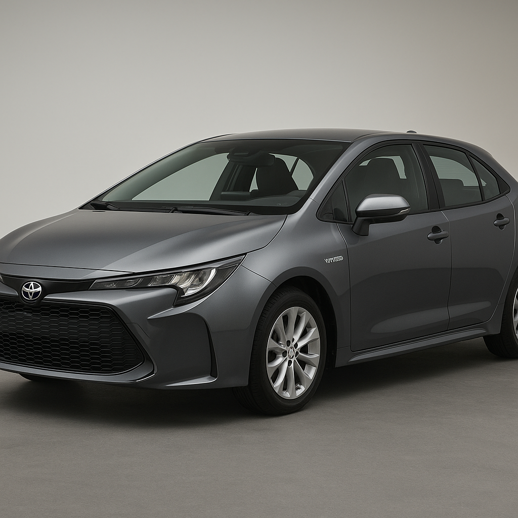 photo 3/4 avant du Toyota Corolla 1.8 Hybrid sur fond neutre, éclairage studio, rendu net