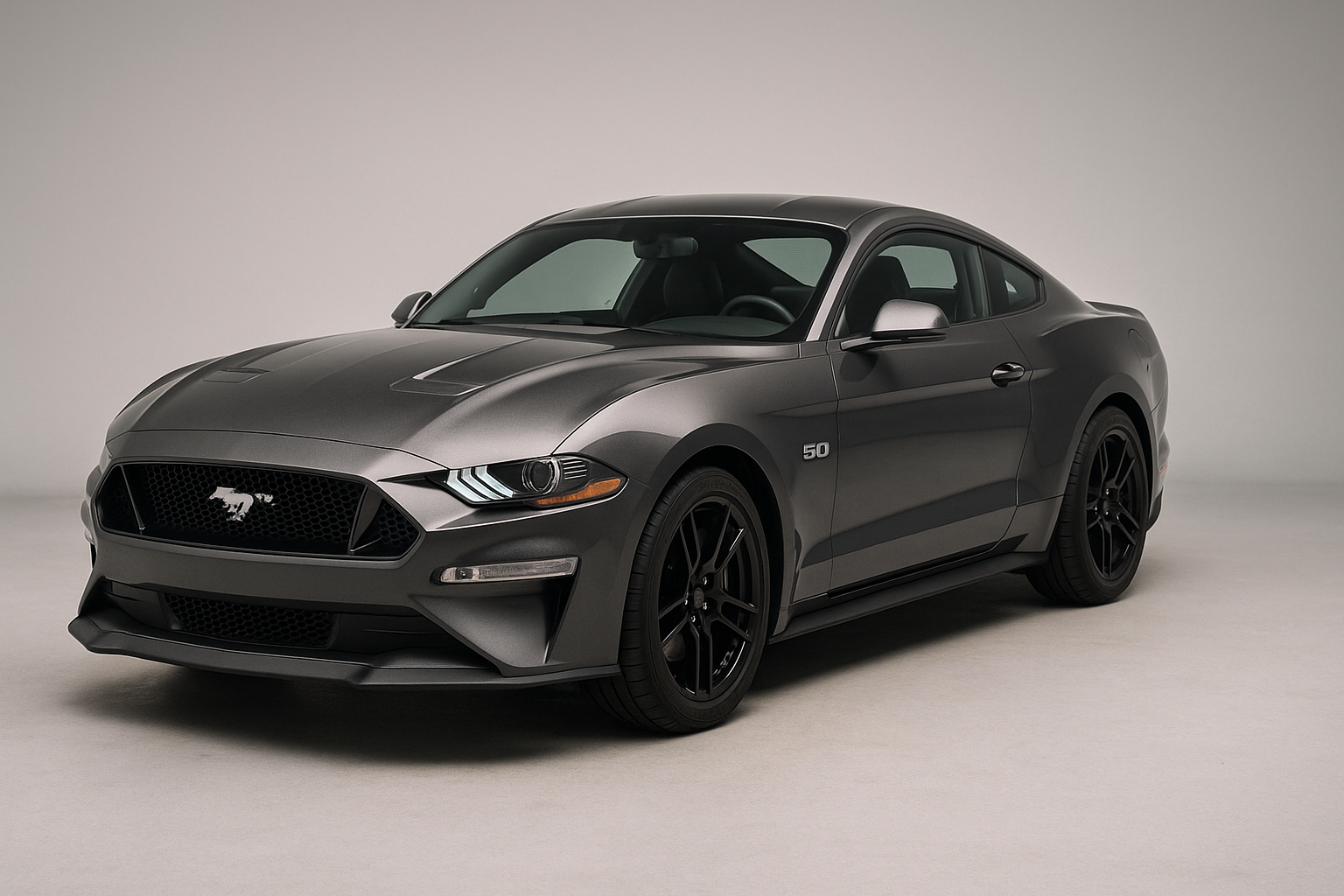 photo 3/4 avant du Ford Mustang GT 2018 sur fond neutre, éclairage studio, rendu net.
